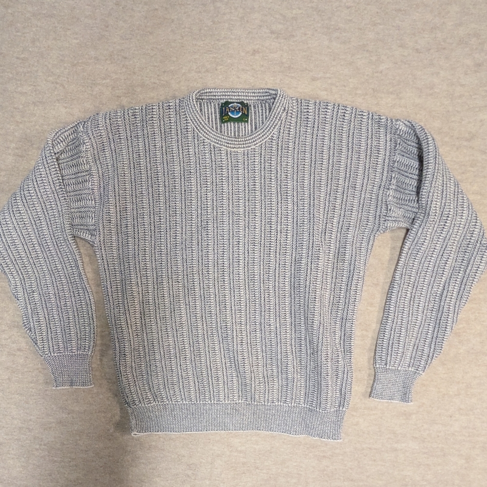 Vintage So Soft Cotton Pull Over Gray & White Knit Sweater Jantzen Size Large
